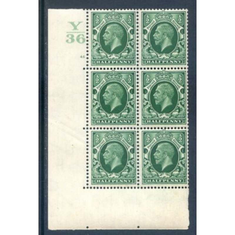 GB 1 2d Green Photogravure SG439 Y36 Cyl 45 No Dot Block 6 Unmounted Mint