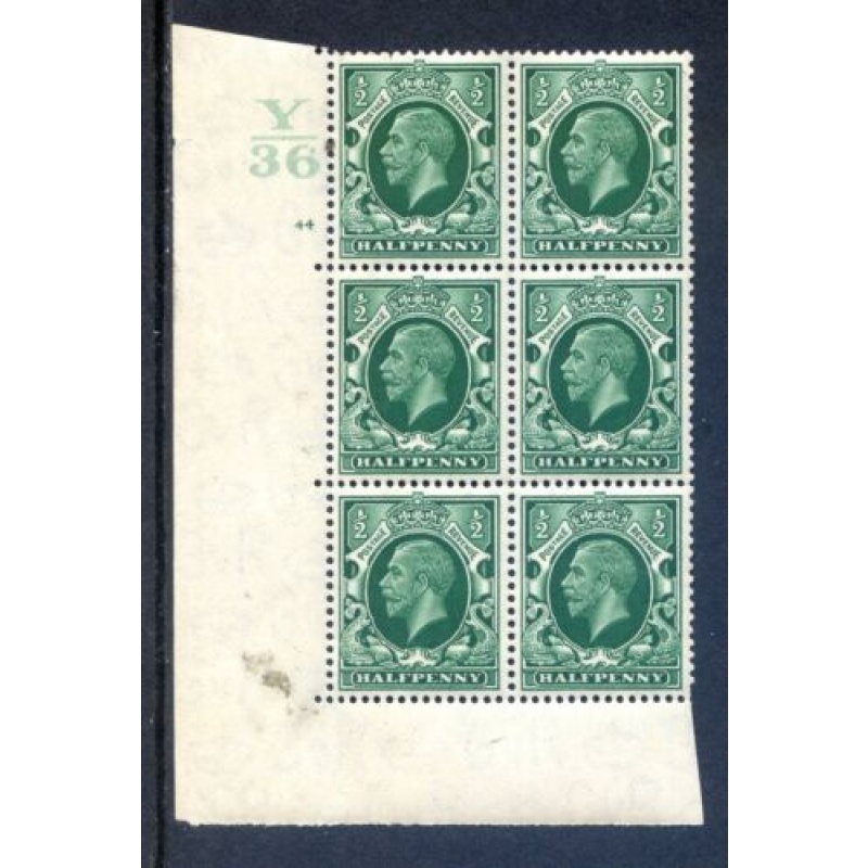 KGV 1 2d Green SG439 Cylinder 44 No Dot Y36 Unmounted Mint Block 6