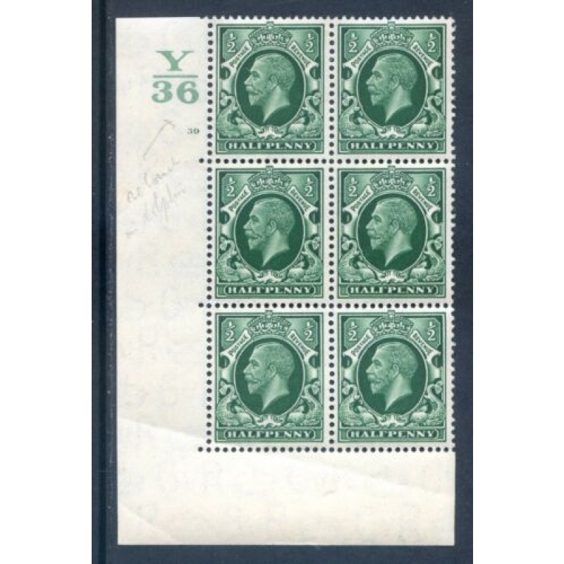 GB 1 2d Green Photogravure SG439 Y36 Cyl 39 No Dot Block 6 mounted Mint