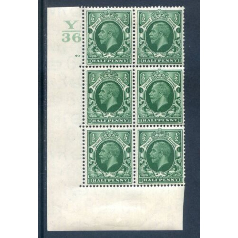 GB 1 2d Green Photogravure SG439 Y36 Cyl 49 No Dot Block 6 mounted Mint