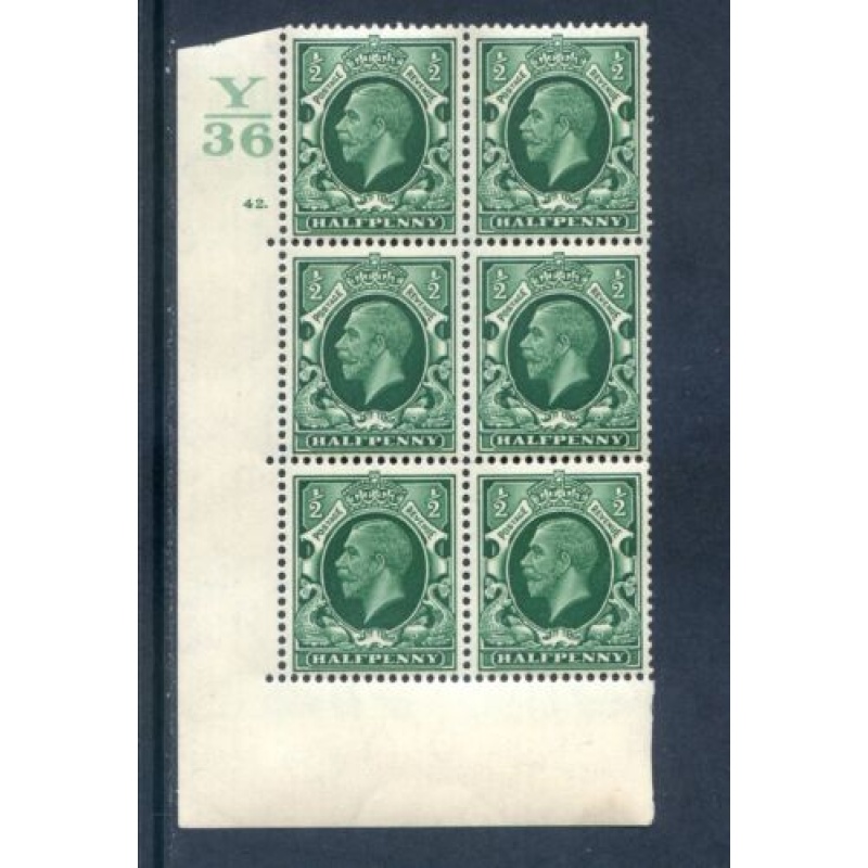 GB 1 2d Green Photogravure SG439 Y36 Cyl 42 No Dot Block 6 Unmounted Mint