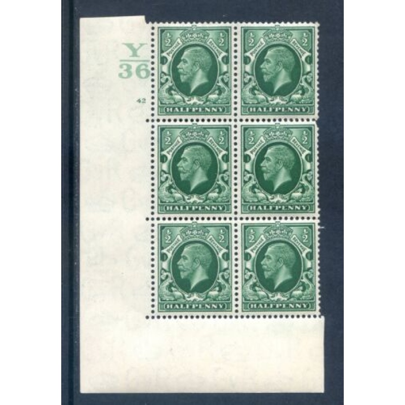 GB 1 2d Green Photogravure SG439 Y36 Cyl 42 No Dot Block 6 Unmounted Mint