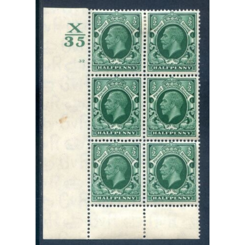 GB 1 2d Green Photogravure SG439 X35 Cyl 32 No Dot Block 6 mounted Mint