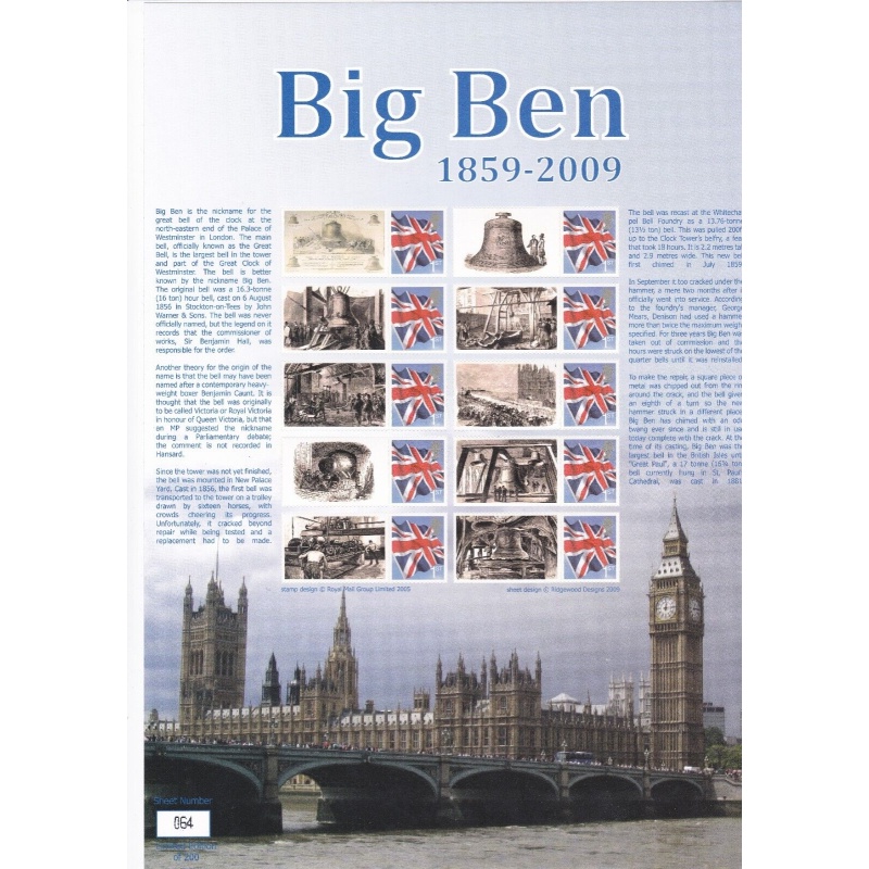 BC-240 GB 2009 Big ben no. 64 RARE SMILER SHEET UNMOUNTED MINT MNH