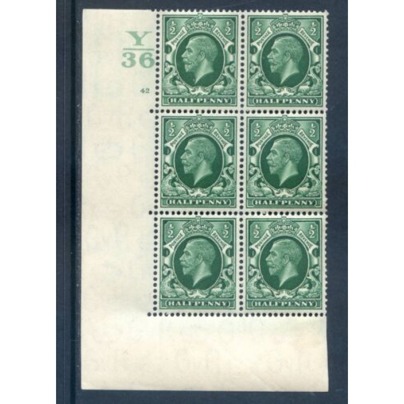 GB 1 2d Green Photogravure SG439 Y36 Cyl 42 No Dot Block 6 Unmounted Mint