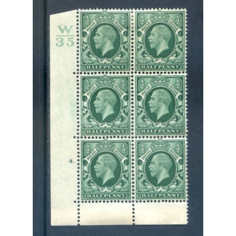 GB 1 2d Green Photogravure SG439 W35 Cyl 4 Dot Block 6 Mounted Mint