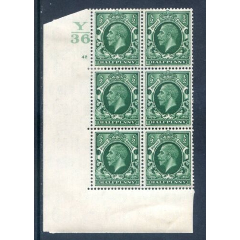 GB 1 2d Green Photogravure SG439 Y36 Cyl 42 No Dot Block 6 mounted Mint