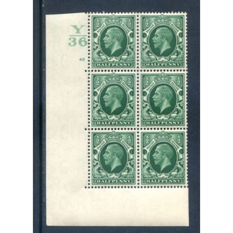 GB 1 2d Green Photogravure SG439 Y36 Cyl 42 No Dot Block 6 mounted Mint