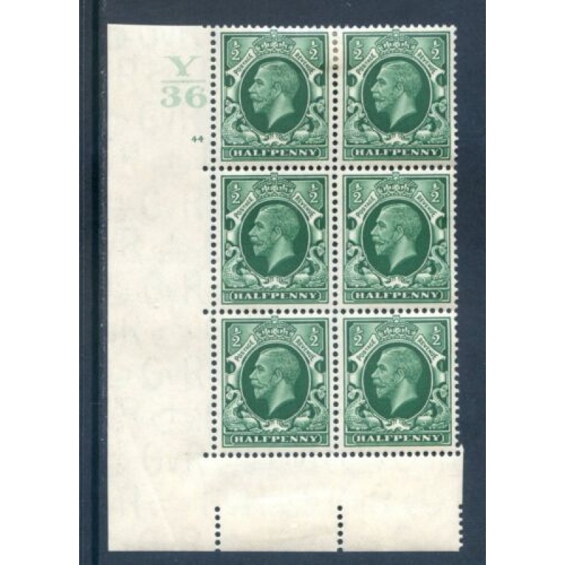 GB 1 2d Green Photogravure SG439 Y36 Cyl 44 No Dot Block 6 mounted Mint