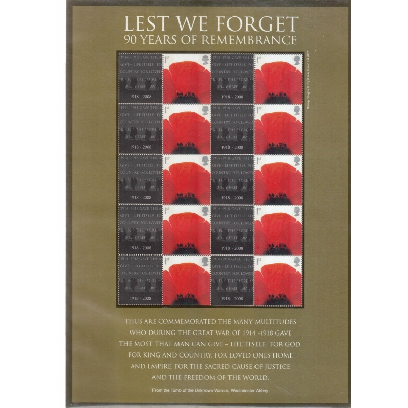 BC-176 2008 Lest we forget 90 years of remembrance Smiler sheet UNMOUNTED MINT