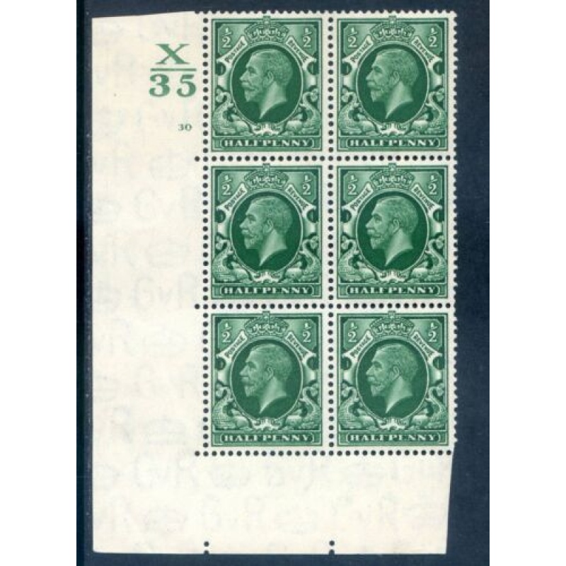 GB 1 2d Green Photogravure SG439 X35 Cyl 30 No Dot Block 6 Unmounted Mint