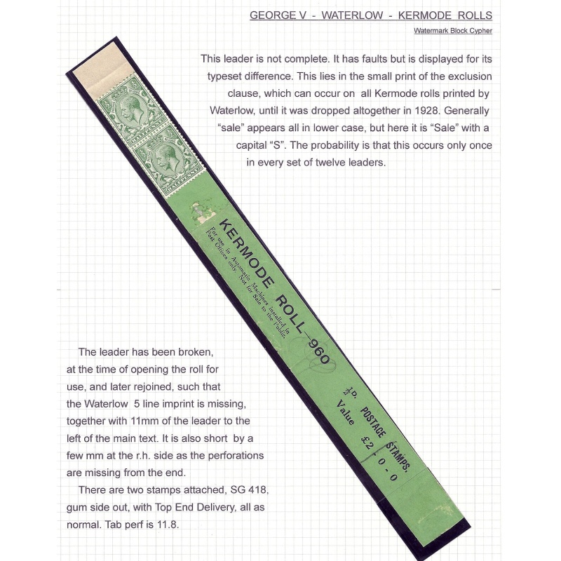 1 2d Green Block Cypher Coil Leader - Waterlow Kermode Roll UNMOUNTED MINT MNH