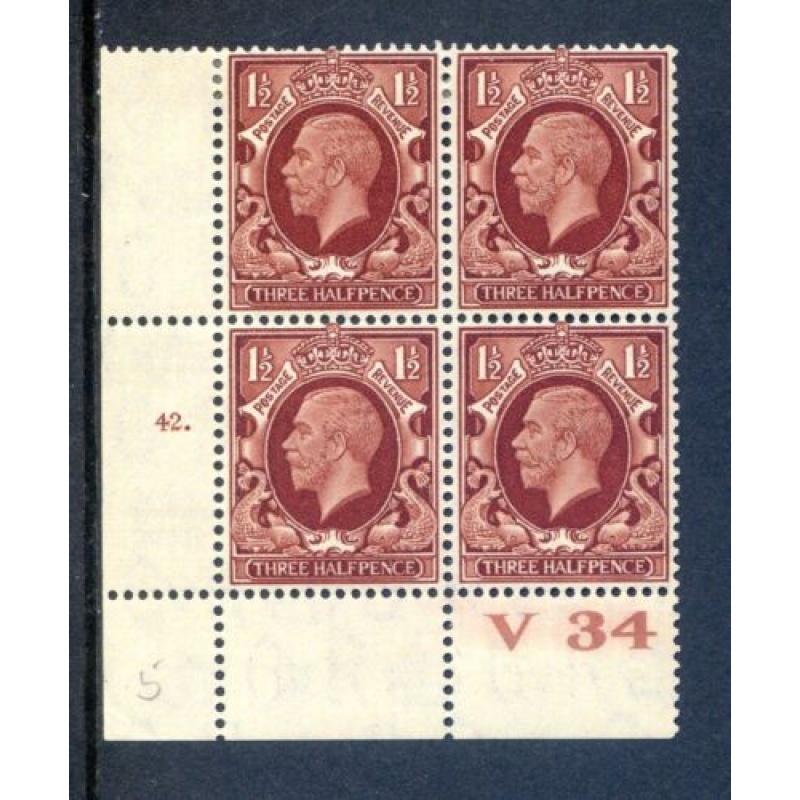 KGV 1 1 2d Red Brown SG441 Cylinder 42 Dot V34 mounted Mint Block 4