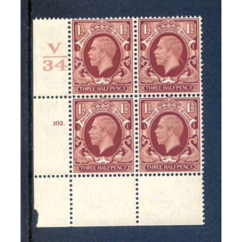 KGV 1 1 2d Red Brown SG441 Cylinder 102 Dot V34 mounted Mint Block 4