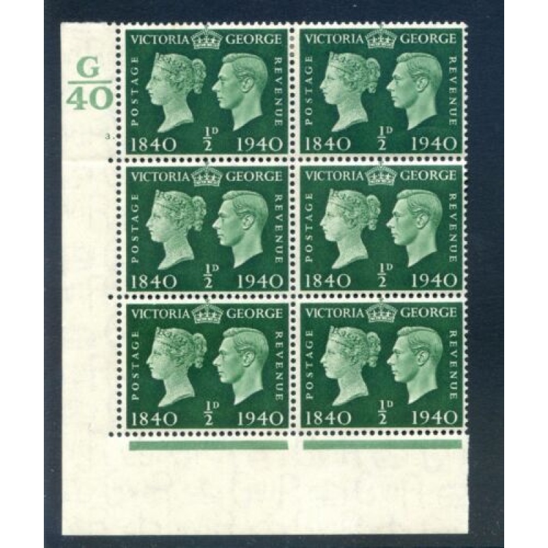 KGV1 1940 Centenary 1 2d Green G40 Cylinder 3 Dot Mounted Mint Block 6