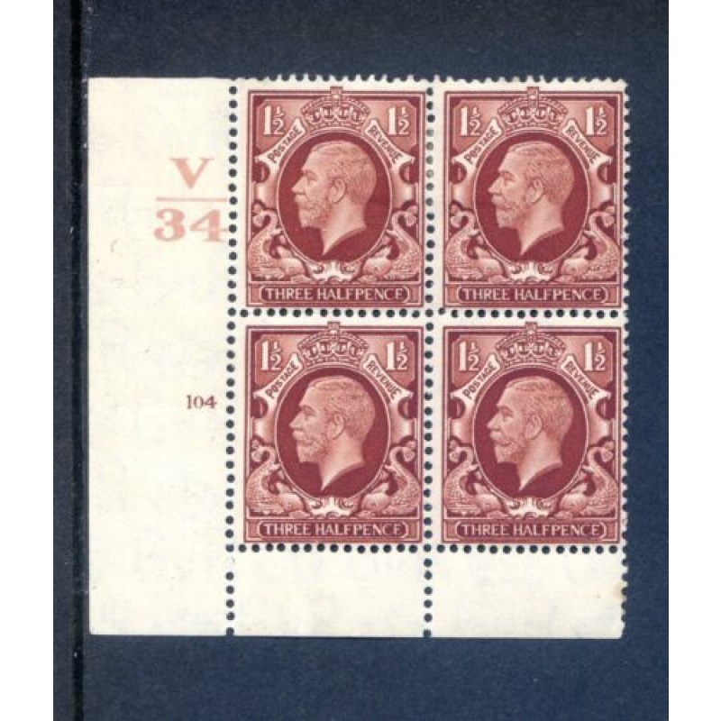 KGV 1 1 2d Red Brown SG441 Cylinder 104 No Dot V34 mounted Mint Block 4