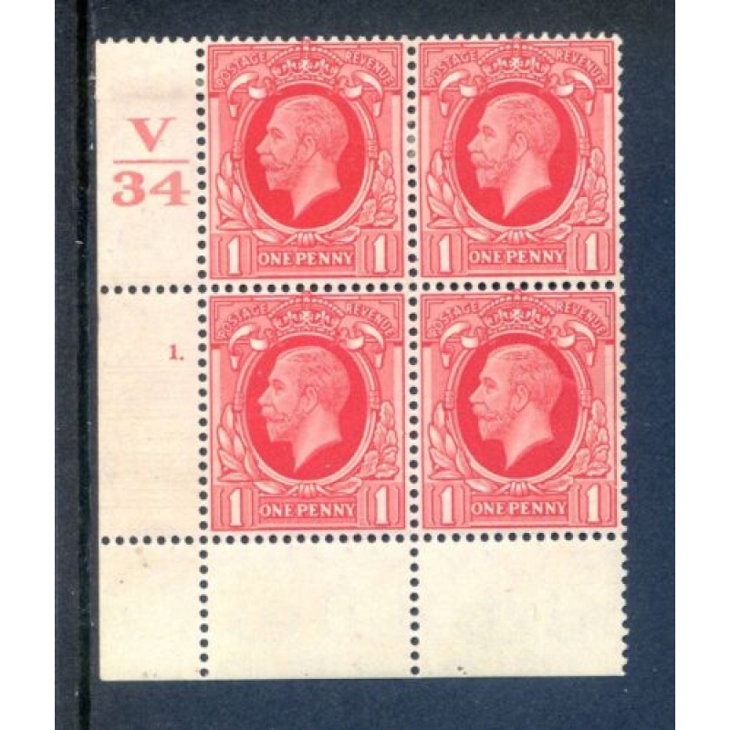 KGV 1d Scarlet SG440 Cylinder 1 Dot V34 Mounted Mint Block 4