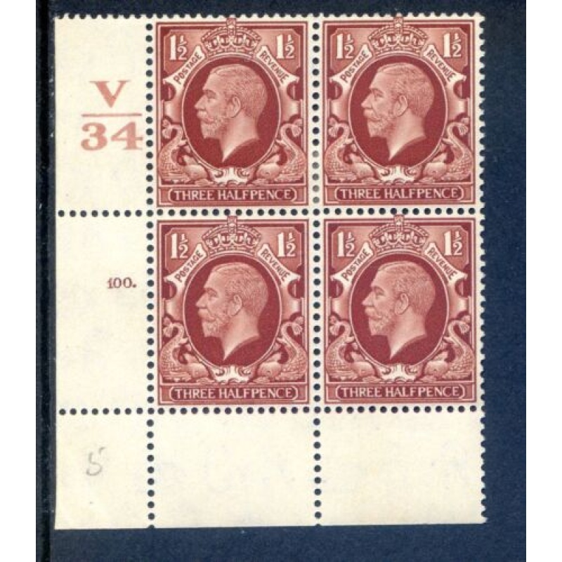 KGV 1 1 2d Red Brown SG441 Cylinder 100 Dot V34 mounted Mint Block 4