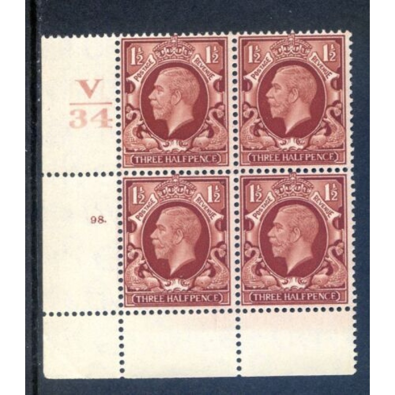 KGV 1 1 2d Red Brown SG441 Cylinder 98 Dot V34 Unmounted Mint Block 4