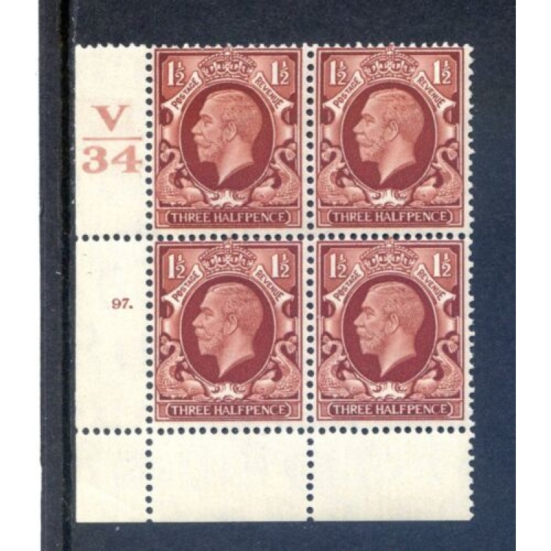 KGV 1 1 2d Red Brown SG441 Cylinder 97 Dot V34 Unmounted Mint Block 4