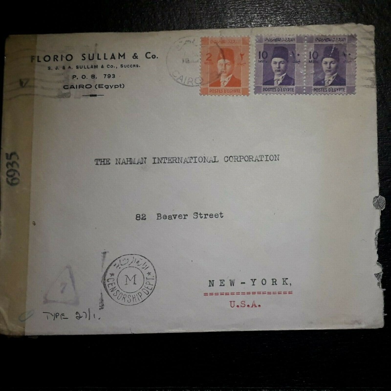 EGYPT COVER 1940'S 22 MILLS TO USA NEW YORK CENSORED M TRIANGLE 7 6935 EXAMINED