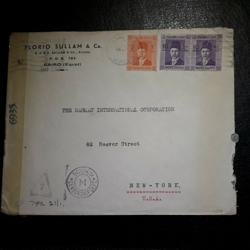 EGYPT COVER 1940'S 22 MILLS TO USA NEW YORK CENSORED M TRIANGLE 7 6935 EXAMINED