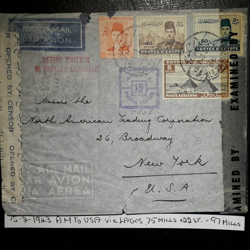 EGYPT COVER 1943 ALEXANDRIA TO USA VIA LAGOS 97 MILLS RATE CENSORED AND EXAMINED