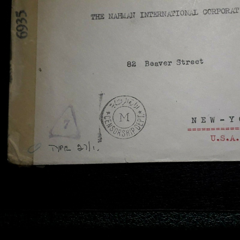 EGYPT COVER 1940'S 22 MILLS TO USA NEW YORK CENSORED M TRIANGLE 7 6935 EXAMINED