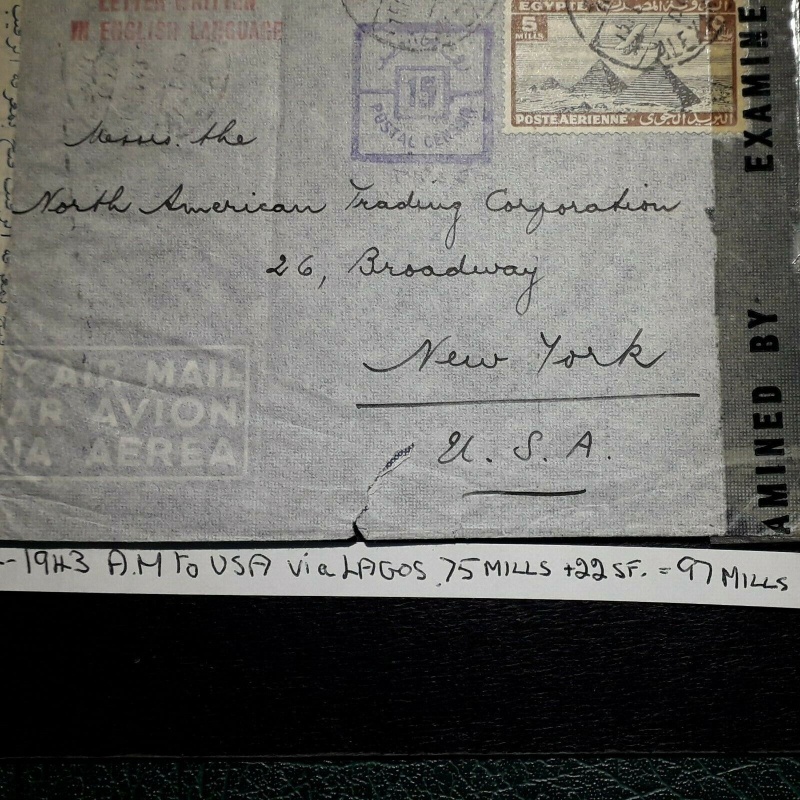 EGYPT COVER 1943 ALEXANDRIA TO USA VIA LAGOS 97 MILLS RATE CENSORED AND EXAMINED