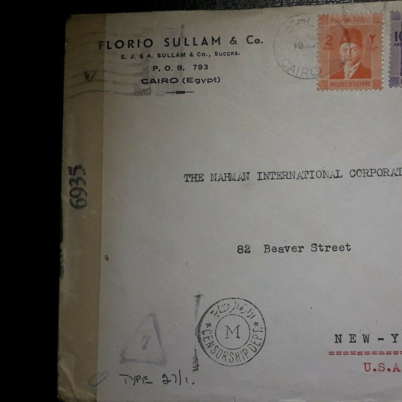 EGYPT COVER 1940'S 22 MILLS TO USA NEW YORK CENSORED M TRIANGLE 7 6935 EXAMINED