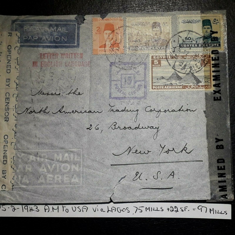 EGYPT COVER 1943 ALEXANDRIA TO USA VIA LAGOS 97 MILLS RATE CENSORED AND EXAMINED