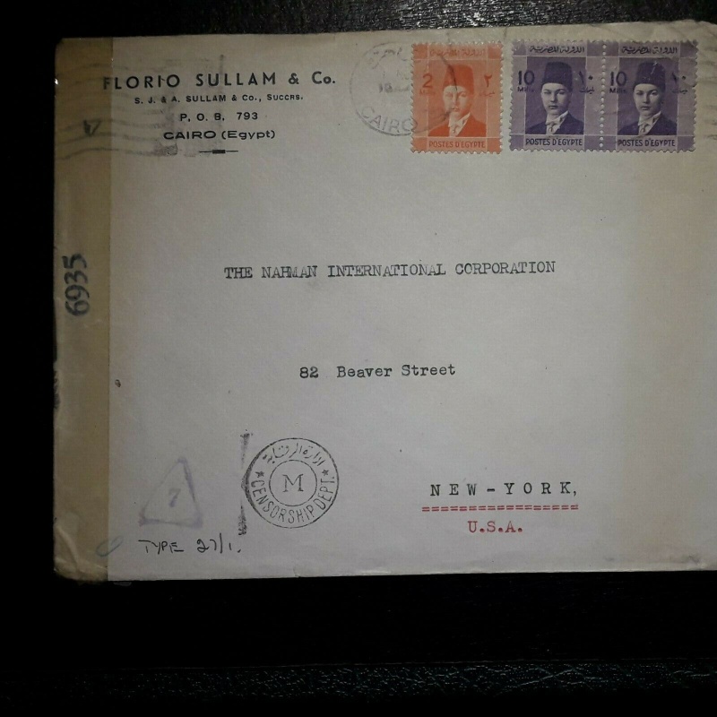 EGYPT COVER 1940'S 22 MILLS TO USA NEW YORK CENSORED M TRIANGLE 7 6935 EXAMINED