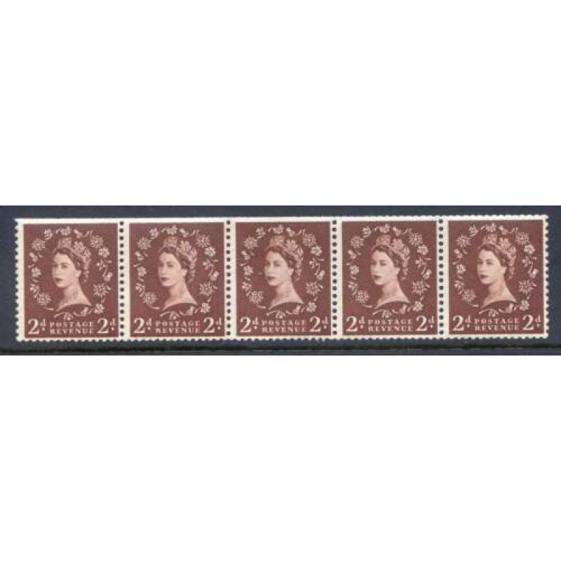 GB 2d Red Brown SG543 S37k mounted mint Strip 5 Dot On Rose Flaw