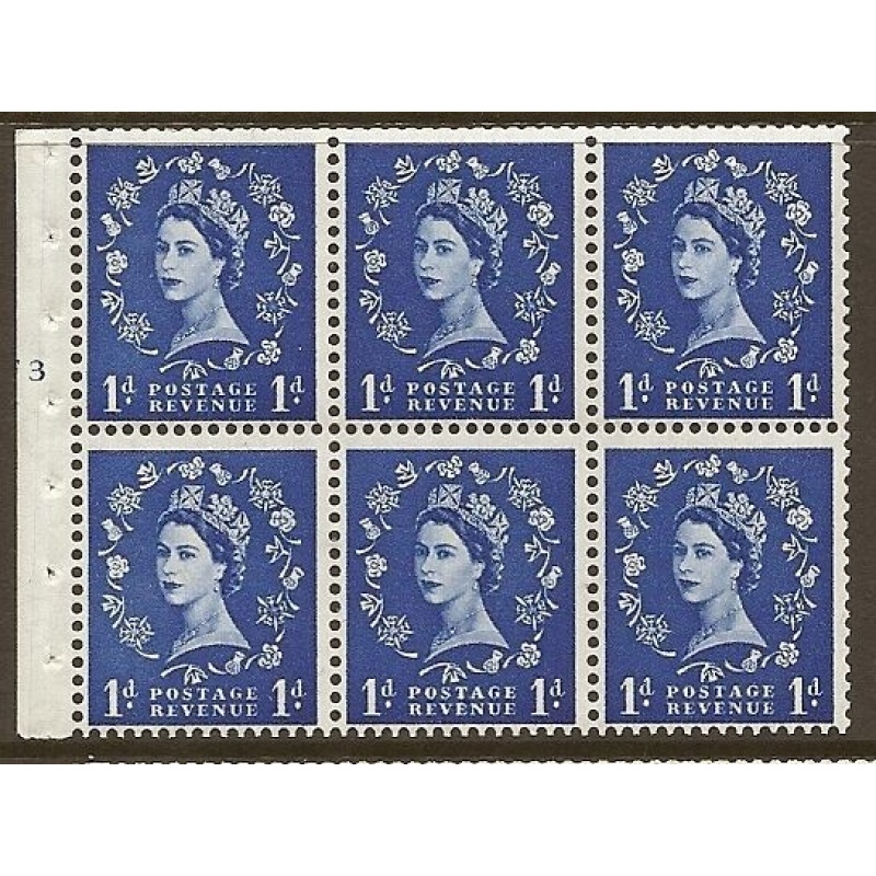 SB26 1d Wilding booklet pane cyl F3T No Dot perf type I UNMOUNTED MNT MNH