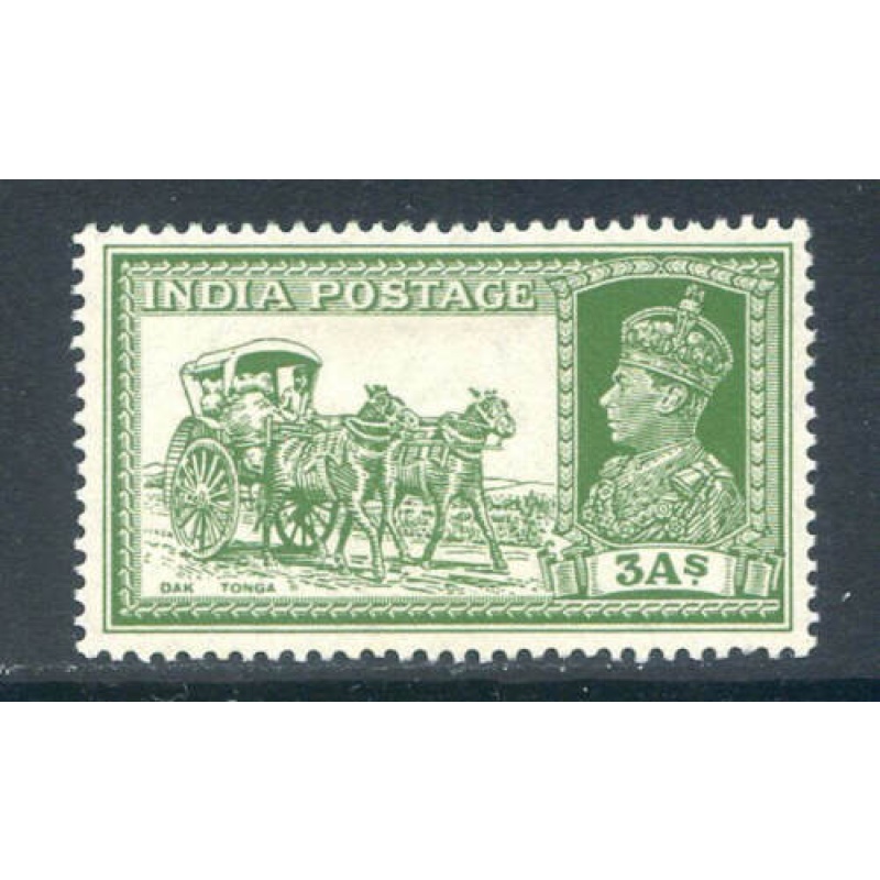 India 3a Yellow Green SG253 Mounted Mint