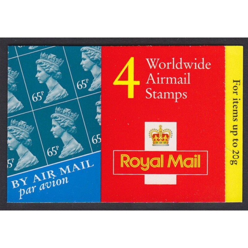 GT1 4 x Worldwide AirMail (65p) stamps Barcode booklet - No Cylinder