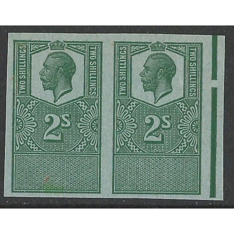 GB KGV - 2s green Proof Revenue imperforate pair. Fine unmounted mint.