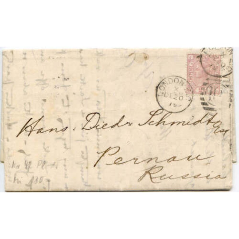 2 1 2d Rosy Mauve SG141 Plate 15 on Cover from London to Russia