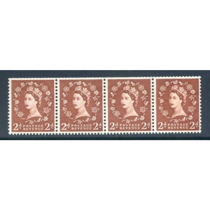 QE2 2d Red Brown SG543bd Unmounted Mint Strip 4 Sways Wmk