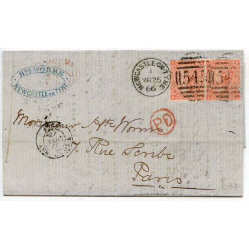 4d Vermillion Plate 7 x 2 On Cover From Newcastle to Paris