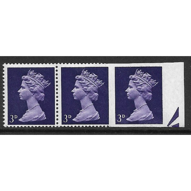 Sg 729a 3d Pre-decimal Machin GA - imperf strip UNMOUNTED MINT MNH