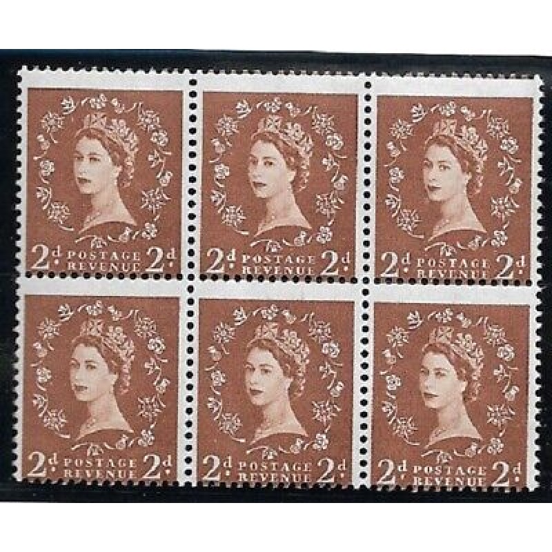 S41 2d Wilding multi crown White variety - misperf blk of 6 UNMOUNTED MINT