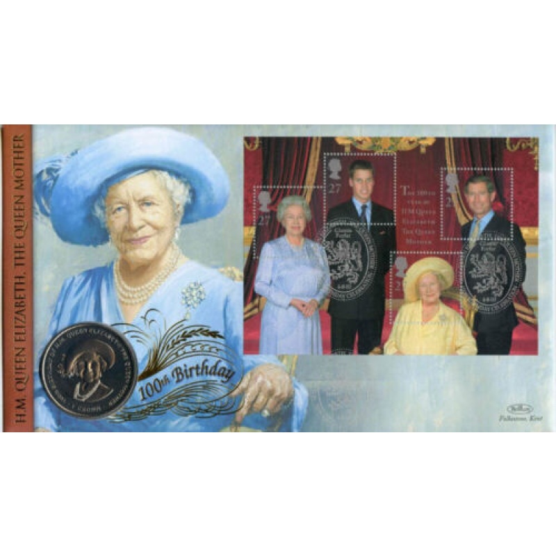 2000 Benham Queen Mother 100th Birthday Coin Cover with Isle Of Man 1 Crown Coin