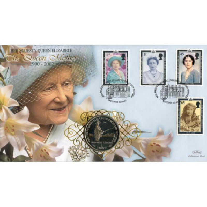 2002 Benham The Queen Mother Coin Cover with Gibraltar 1 Crown Proof Coin