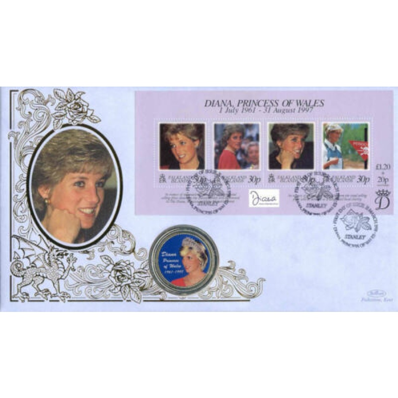 1998 Benham Diana Princess of Wales Coin Cover with Diana Enamelled Coin