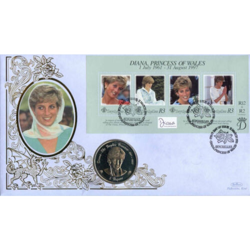 1998 Benham Diana Princess of Wales Coin Cover with Seychelles 5 Rupees Coin