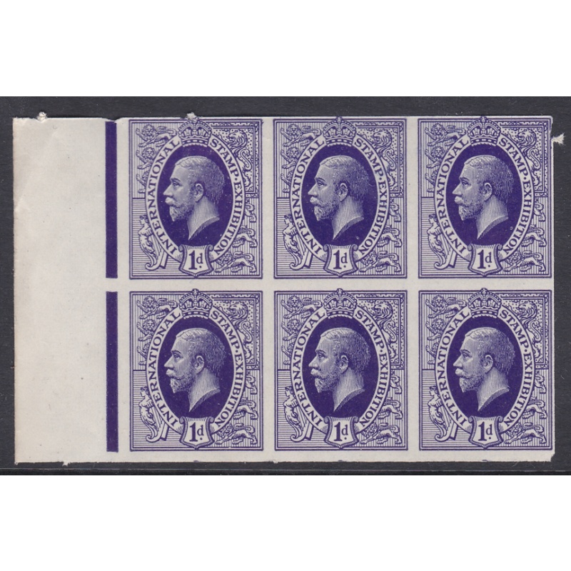 1912 1d George V Purple imperf International Stamp Exhibition LH Blck of 6 U M