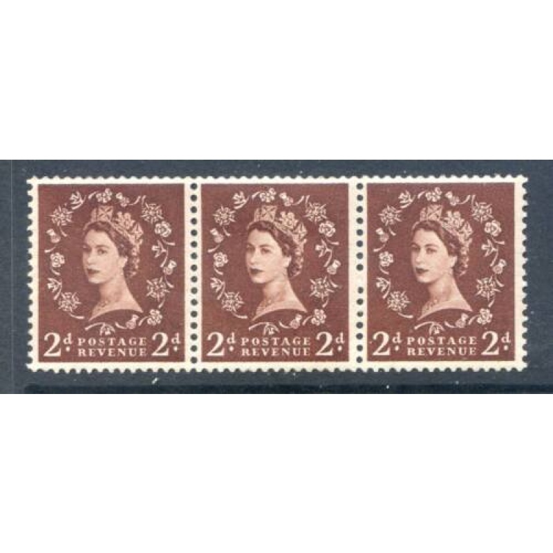 GB 2d Red Brown SG543a mounted Mint Strip 3 S Ways Wmk