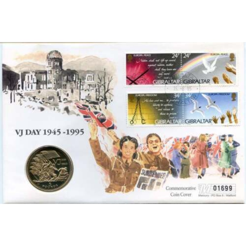 1995 Gibraltar Cover with 5 Coin VJ Day