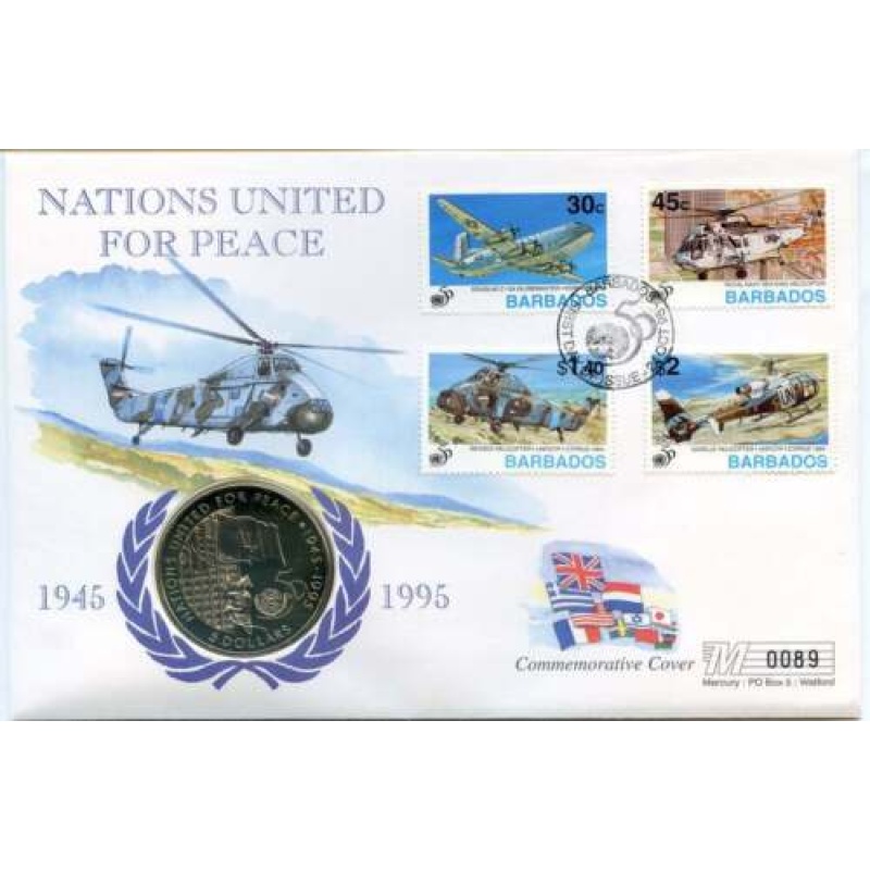 1995 Barbados Cover with  Coin Nations United for Peace